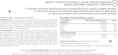 Bears with Benefits Beauty Bites - Rinforzo dei capelli e ringiovanimento della pelle - Vitamina E, selenio, zinco, rame & estratto di tè verde - Senza zucchero e dolcificanti - 45 pezzi