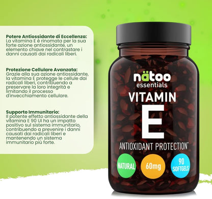 NÄTOO Vitamina E 60mg (90UI) Softgel 90 perle. Integratore naturale (D-Alfa-Tocoferolo) - Vitamina E Pura potente antiossidante - Alto dosaggio 500% del VNR