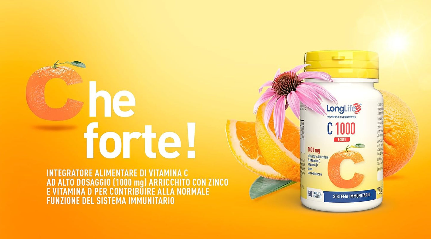 LongLife® C 1000 Forte | Vitamina C 1000mg | Con zinco, vitamina D ed echinacea | Difese immunitarie | 50 giorni di trattamento | Senza glutine e vegetariano