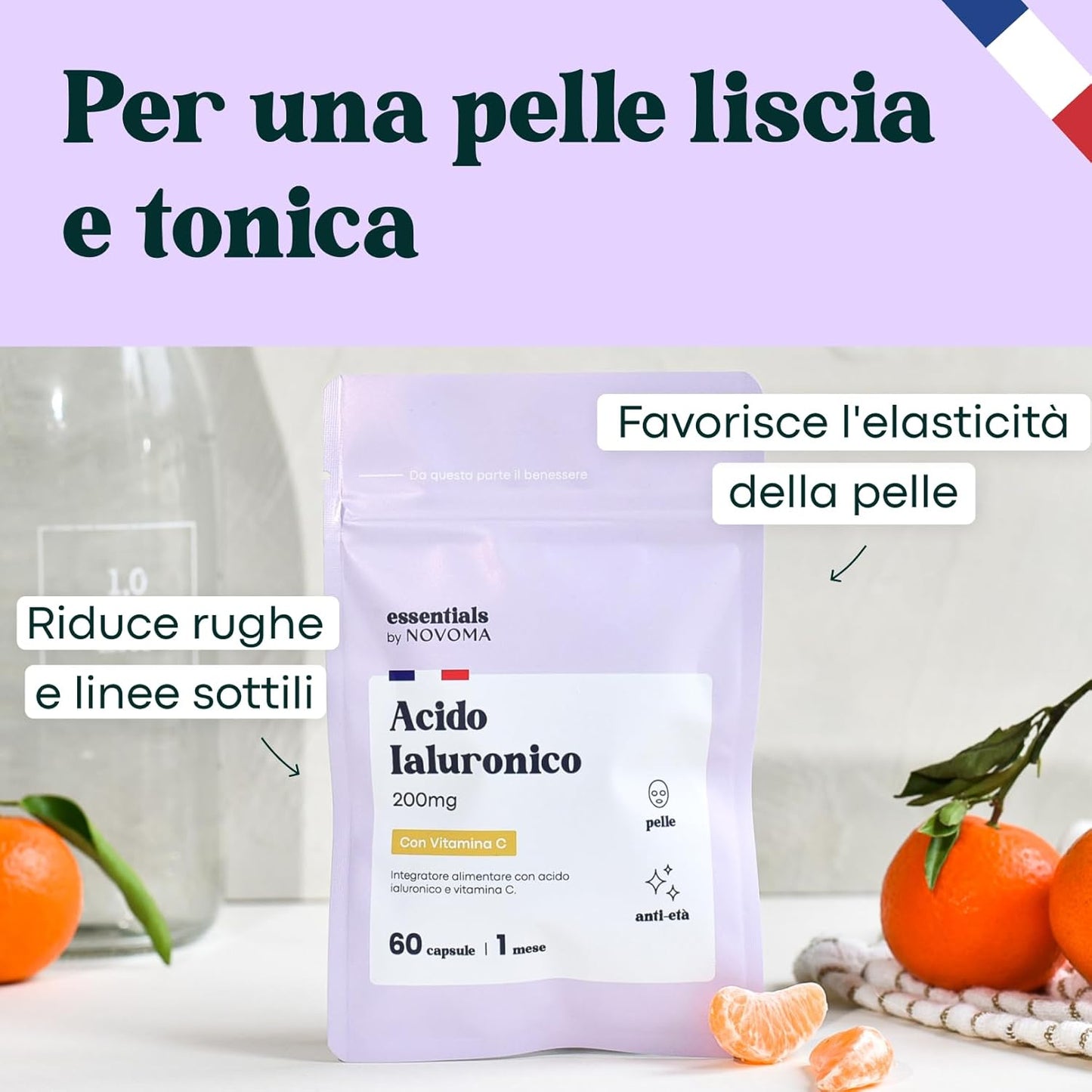 Acido Ialuronico Puro, 60 Capsule Vegane, Azione Anti-Età + Antirughe, 800-900 kDa, Trattamento di 1 mese, Idratazione della Pelle, Con Vitamina C, Prodotto in Francia, Essentials by Novoma