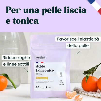 Acido Ialuronico Puro, 60 Capsule Vegane, Azione Anti-Età + Antirughe, 800-900 kDa, Trattamento di 1 mese, Idratazione della Pelle, Con Vitamina C, Prodotto in Francia, Essentials by Novoma