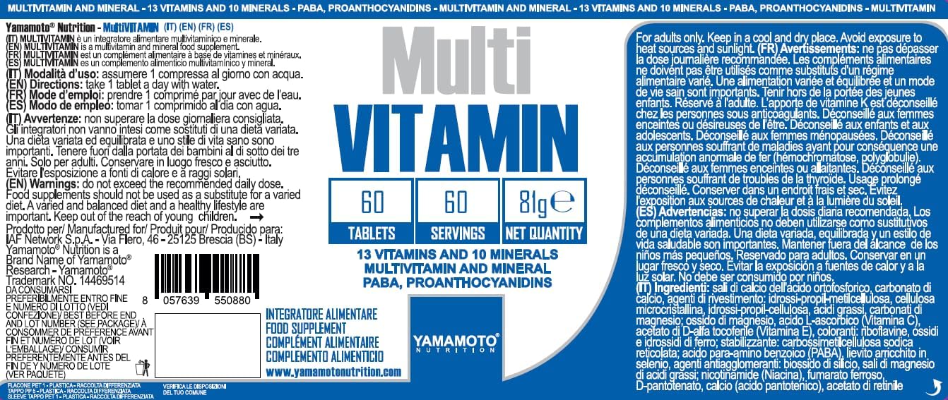 YAMAMOTO Nutrition, Multi VITAMIN 60 Compresse, Integratore Alimentare con Vitamine e Minerali, Multivitaminico e Multi Minerale Completo, 81 gr