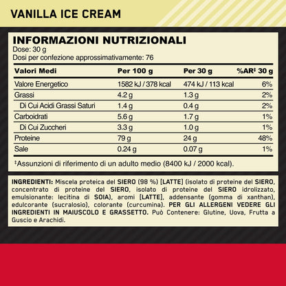 Optimum Nutrition Gold Standard 100% Whey Proteine in polvere per lo Sviluppo e il Recupero Muscolare con Glutammina e Aminoacidi BCAA Naturali, Gusto Gelato alla Vaniglia, 76 Dosi, 2,28 kg