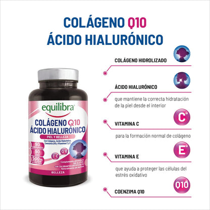 equilibra Integratori Alimentari, Collagene Q10 Acido Ialuronico, Benessere e Bellezza della Pelle, a Base di Collagene Idrolizzato, Acido Ialuronico, Coenzima Q10, Vitamine C ed E, 90 Compresse