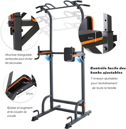 ISE Power Tower Multifunzione, Altezza Regolabile 192-228cm, Dip Station, Sbarra Sollevamento, Impugnature per Flessioni, Sbarra Trazioni Workout Dip Station per Dips,Chin Up,Allenarsi a Casa