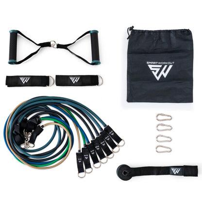 SmartWorkout® - Kit Elastici Fitness Professionale - Pacchetto Allenamento Completo 19 pezzi, 7 bande di resistenza totalizzanti 120 kg, barra per elastici, maniglie, Ancoraggio della porta & Programma Incluso