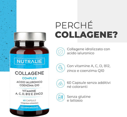 Collagene e Acido Ialuronico - Integratore Collagen Idrolizzato Con Vitamina C, Zinco e Q10 - Collagene Puro Integratore per Pelle, Ossa e Articolazioni - Collagen Complex - 60 Capsule Nutralie