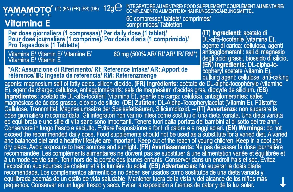 YAMAMOTO RESEARCH Vitamina E 60mg 60 Compresse, Integratore Alimentare di Vitamina E, Azione Antiossidante e Antinfiammatoria, Sostiene il Sistema Immunitario e la Vista