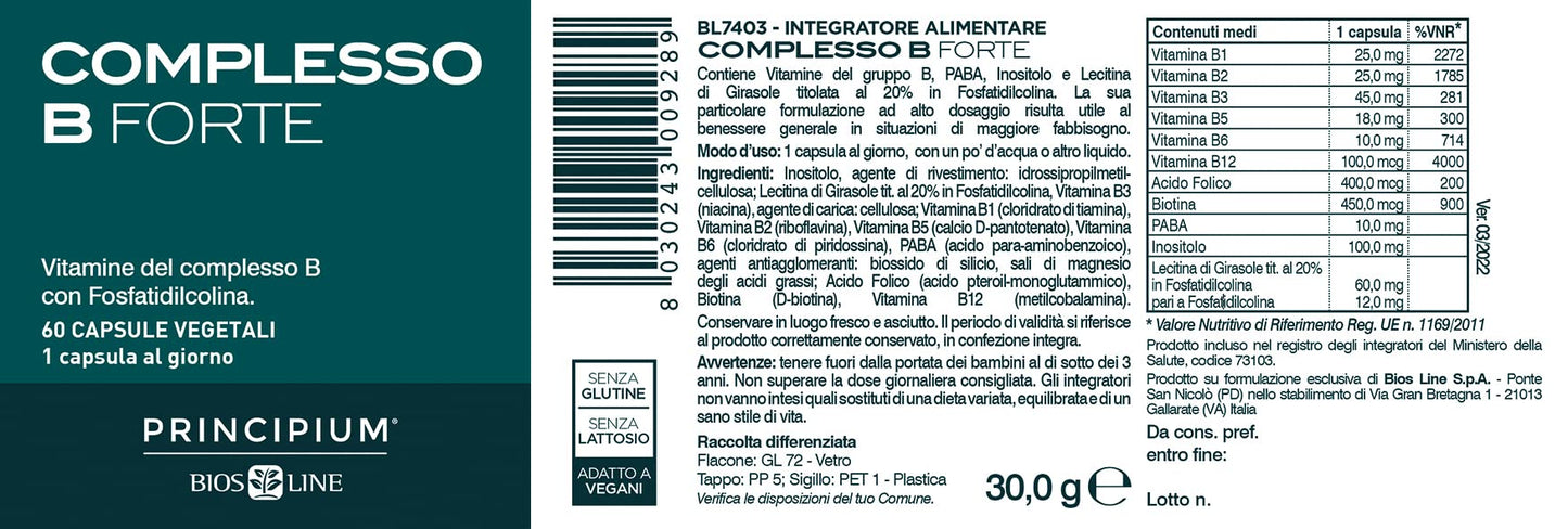 BIOS LINE Principium Complesso B Forte, Integratore composto dalle vitamine del gruppo b, Integratore compresse per il funzionamento del sistema nervoso (60 capsule vegetali)