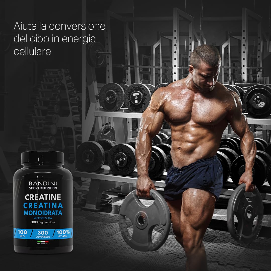 Bandini® Creatina Monoidrata 3.000mg, Creatina Vegana 300 Compresse (Scorta per +3 Mesi), Creatina Monoidrato Micronizzata, Creatine Monohydrate, Pre Intra Post Workout, Allenamento, Palestra