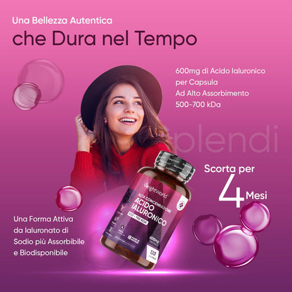 Acido Ialuronico Integratore Vegan 600mg con 500-700 kDa, 120 Capsule Hyaluronic Acid per 4 Mesi, Sodio Ialuronato, 1 Capsula al Giorno, Acido Ialuronico Puro Alternativa a Acido Ialuronico Compresse