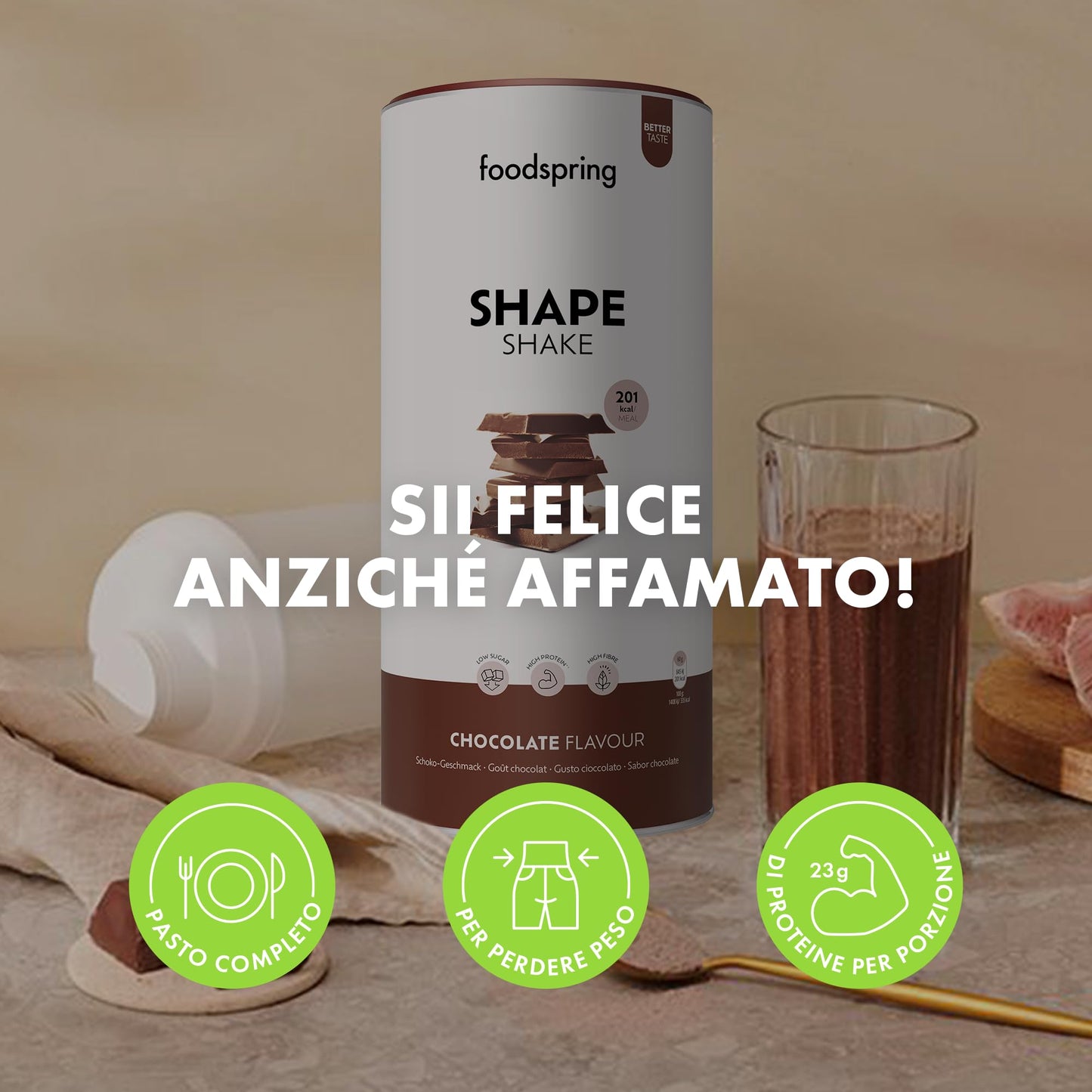 foodspring Shape Shake Bustine Monoporzione, 10 x 60 g, Sostituto pasto per il controllo del peso*, Ricco di proteine, Vitamine e minerali