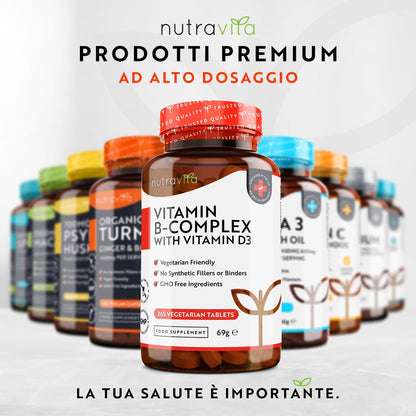 Vitamina B Complex con D3 Alto Dosaggio - 365 Compresse Vegetariane - Fornitura per 1 Anno - Complesso 8 Vitamine B ad Alta Dosaggio in 1 Compressa - B1, B2, B3, B5, B6, B7, B9, B12 - Nutravita