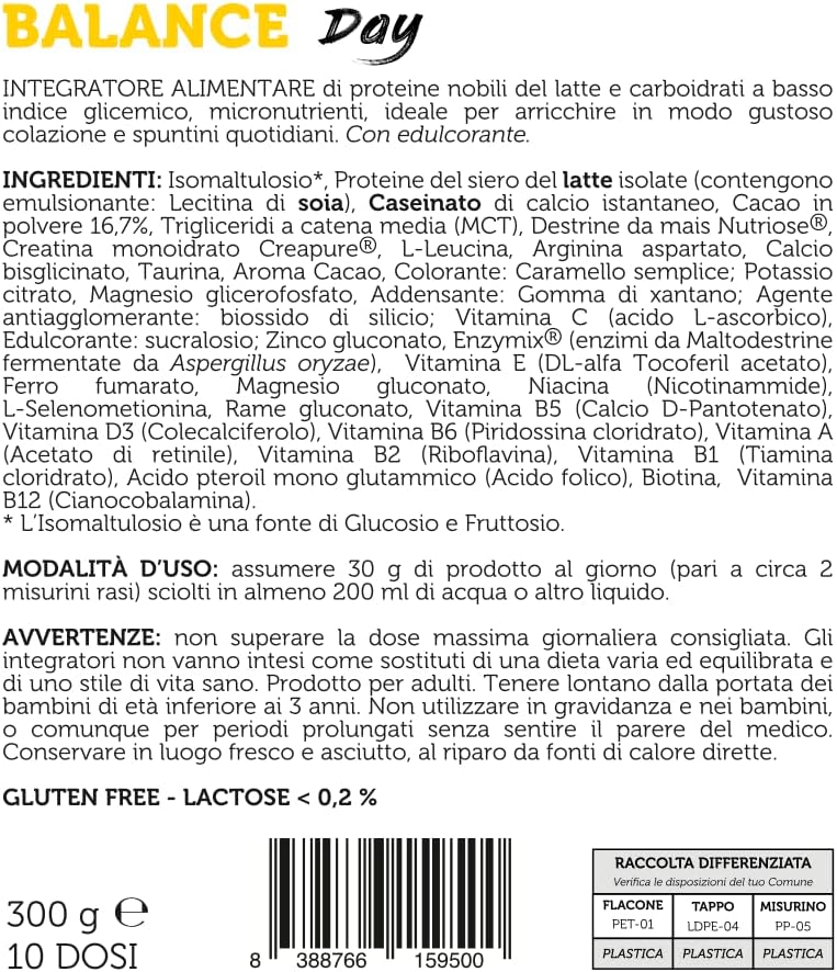 BALANCE DAY 300 G CACAO Sostituto Pasto Sieroproteine Caseinato di calcio 50:50; Azione Retard Senza Glutine