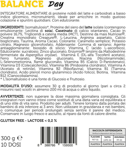 BALANCE DAY 300 G CACAO Sostituto Pasto Sieroproteine Caseinato di calcio 50:50; Azione Retard Senza Glutine