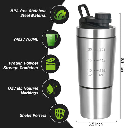 ROCKY&CHAO Shaker per Proteine Bottiglia in Acciaio Inossidabile Bottiglia di proteine Coppa Sport 700 ml + 200 ml（Acciaio inossidabile）