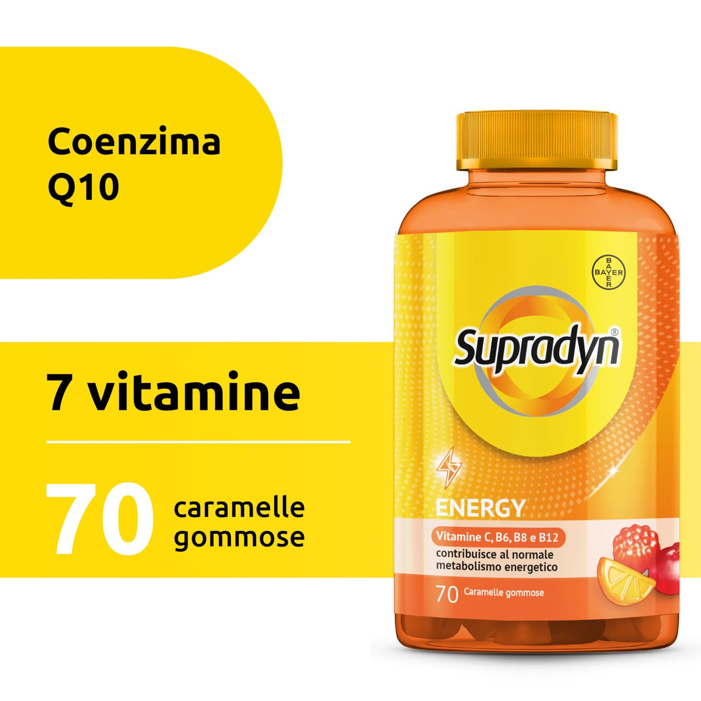 Supradyn Energy Multivitaminico Caramelle, Integratore Completo, con Vitamine A, B, C, D, E e Coenzima Q10, 70 Caramelle Gommose Multivitaminiche Gusto Ciliegia, Lampone e Arancia