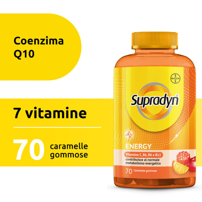 Supradyn Energy Multivitaminico Caramelle, Integratore Completo, con Vitamine A, B, C, D, E e Coenzima Q10, 70 Caramelle Gommose Multivitaminiche Gusto Ciliegia, Lampone e Arancia