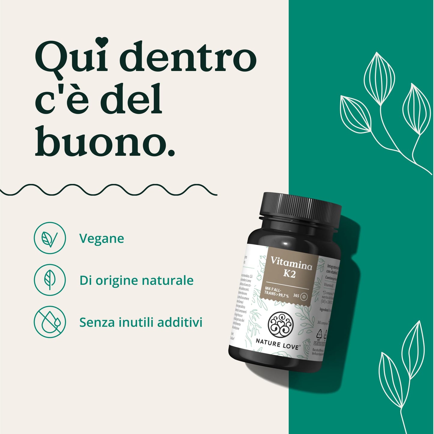 NATURE LOVE® Vitamina K2 MK-7-365 compresse - 100µg per compressa - contenuto di MK-7 menachinone all-trans >99,97% - ad alto dosaggio, vegane, testate in laboratorio e prodotte in Germania