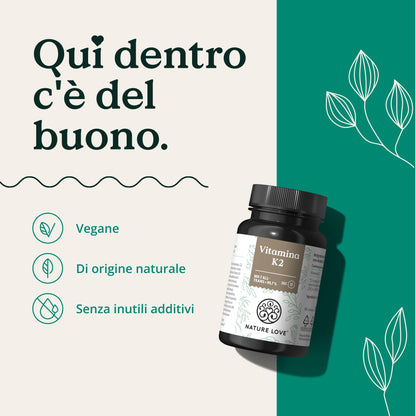 NATURE LOVE® Vitamina K2 MK-7-365 compresse - 100µg per compressa - contenuto di MK-7 menachinone all-trans >99,97% - ad alto dosaggio, vegane, testate in laboratorio e prodotte in Germania