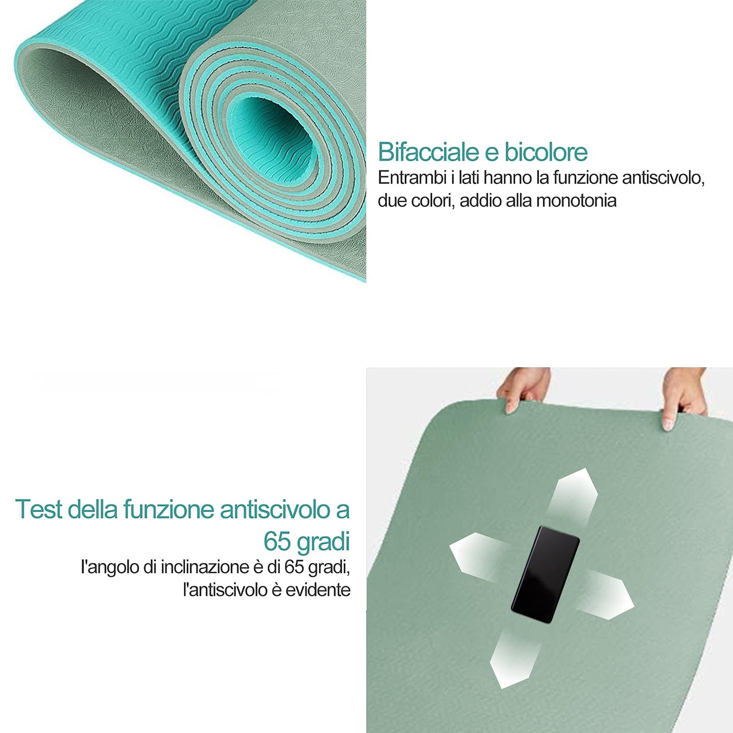 Tappetino Yoga in TPE Ecologico, m MU, Tappeto Allenamento Antiscivolo Doppia Faccia ad Alta Densita Materassino, Impermeabile Dimensione di 183 x 61 x 0.6 cm con Custodia