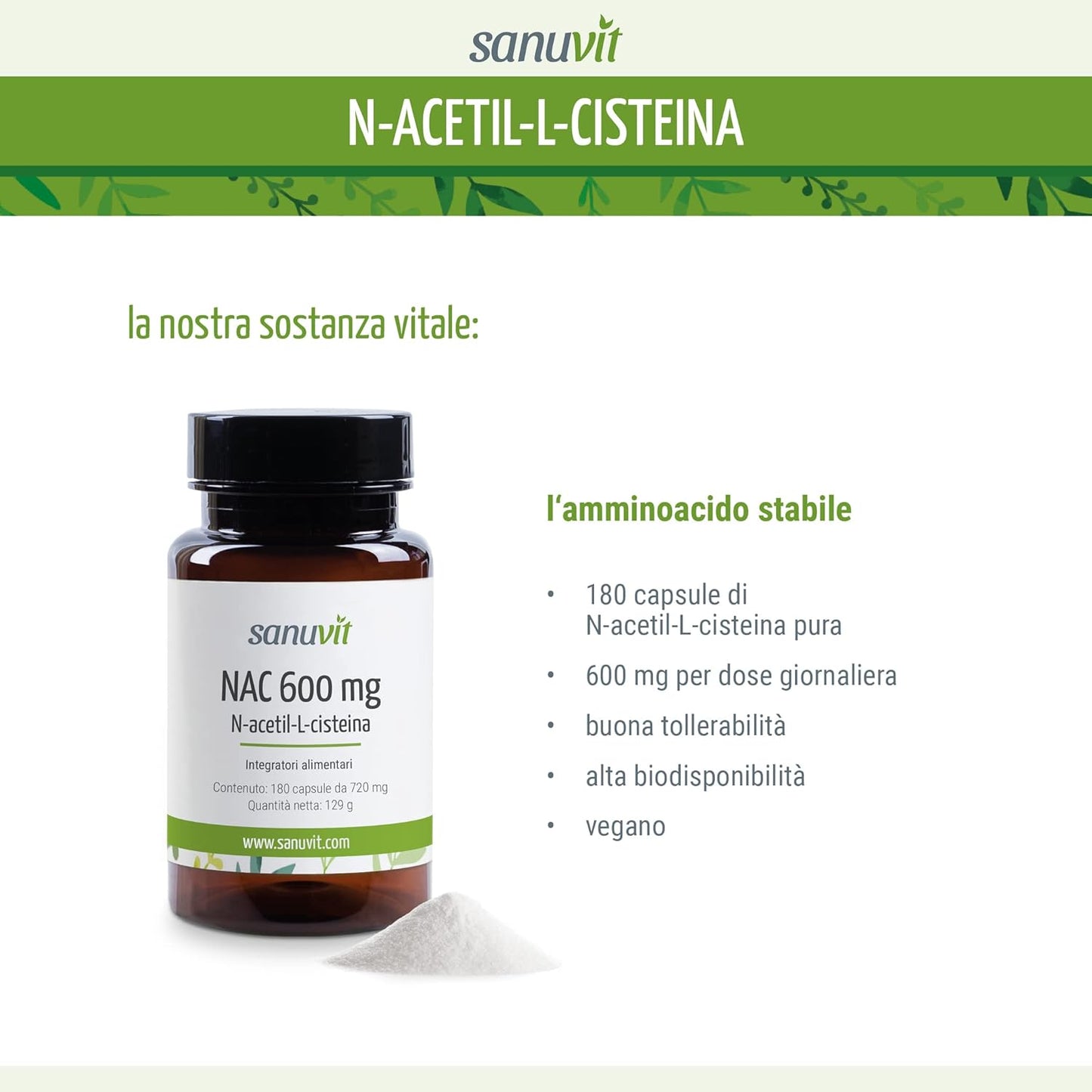 Sanuvit® - NAC 600 mg per capsula | 180 capsule | N-acetil-L-cisteina 100% NATURALE da Mais | Elevata biodisponibilità e tolleranza | Vegano