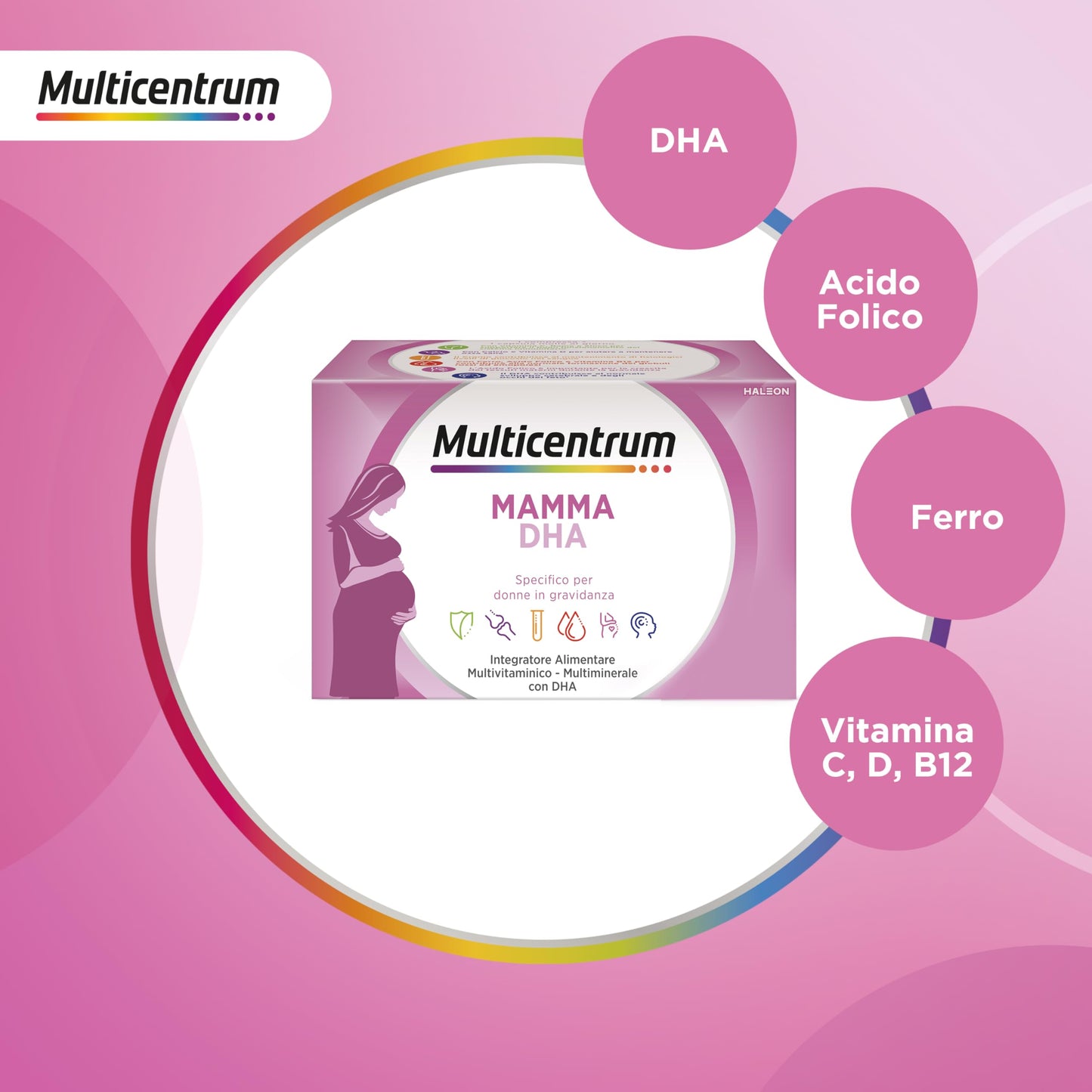 Multicentrum Mamma DHA, Integratore Multivitaminico specifico per la donna in gravidanza, con Acido Folico, Ferro, Vitamina C, D, B12, DHA, 30 Compresse + 30 capsule molli