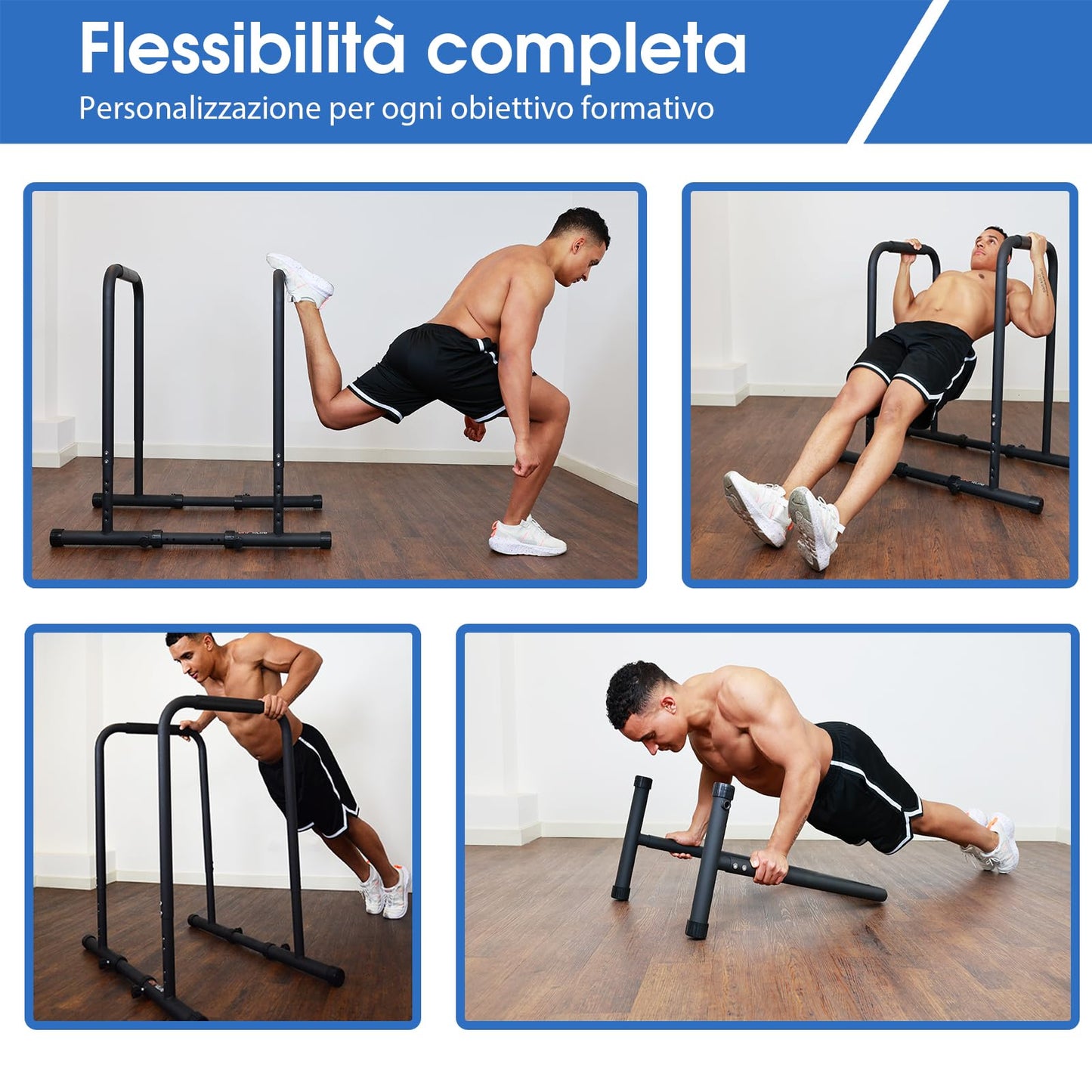 DH FitLife - Dip Parallele Calisthenics Robuste, Stabili e Versatili per Allenamento a Casa | Dip Station Regolabile in 2 Versioni: 3 o 9 Altezze, Ideale per Parallele Dip, Push Up e Sviluppo Forza