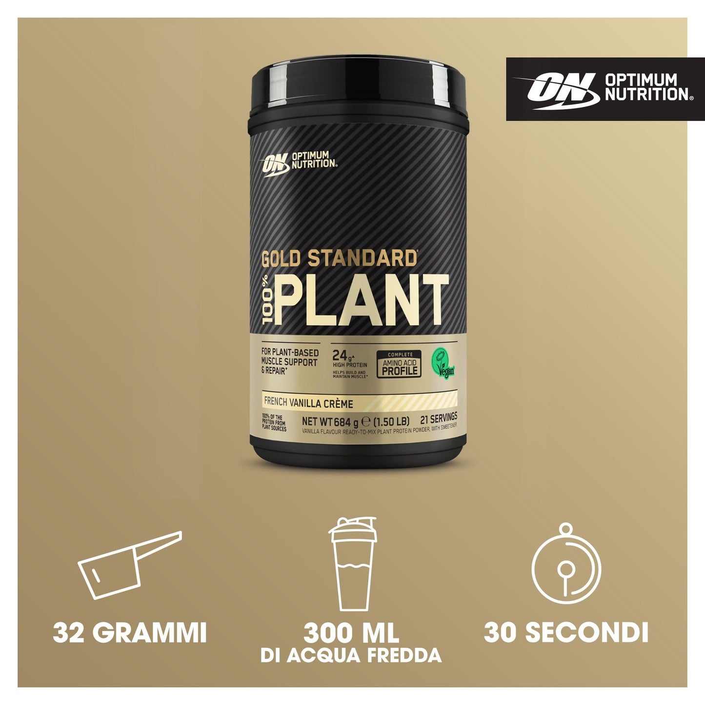 Optimum Nutrition Gold Standard 100% Plant Based, Proteine Vegetali in Polvere per Uomo e Donna, Frullato Proteico Vegano, Post-Allenamento o in Altri Momenti, Gusto Vaniglia, 21 porzioni, 684g