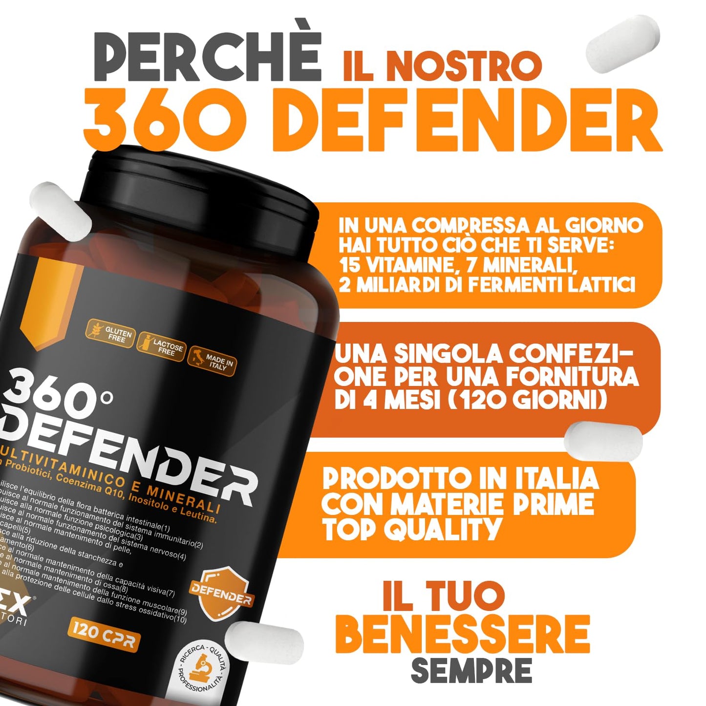 Multivitaminico Multiminerale con Probiotici, Vitamina B12, Acido Folico e Coenzima Q10 | 360° Defender Integratore Multivitaminico Completo con 14 Vitamine e 5 Sali Minerali