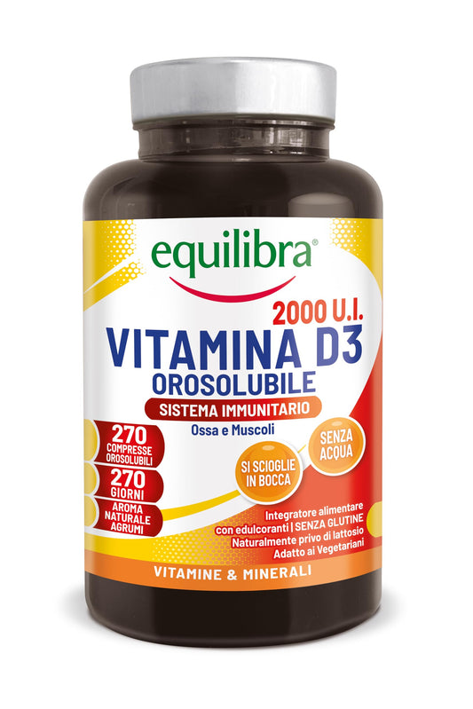 equilibra, Vitamina D3 2000 UI, 270 Compresse, 50 mcg per Compressa, Orosolubile, per il Benessere di Ossa e Muscoli, Supporto al Sistema Immunitario, Vegetariano, Senza Glutine, Senza Lattosio