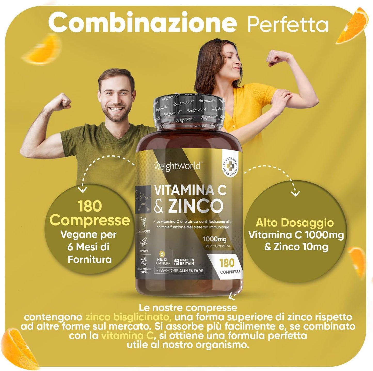 Vitamina C 1000mg e Zinco, 1 Compressa al Giorno, Sistema Immunitario, Pelle, Ossa, Unghie, Capelli, Vitamina C e Zinco Bisglicinato, Acido Ascorbico Vitamina C, Zinco Integratore con Vitamina C Pura