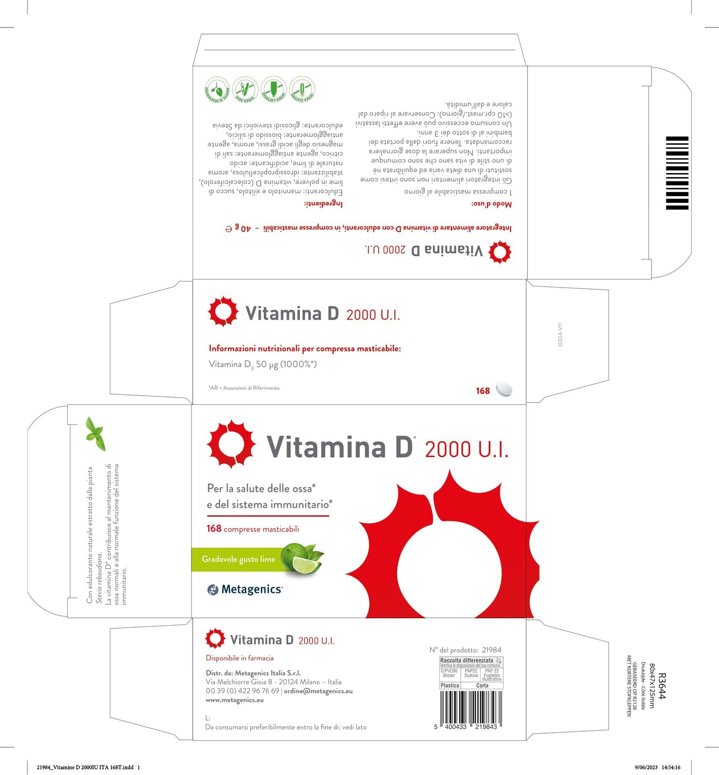 Metagenics Vitamina D 2000 U.I. - Integratore Sistema Immunitario - Per la Salute delle Ossa - 168 Compresse Masticabile