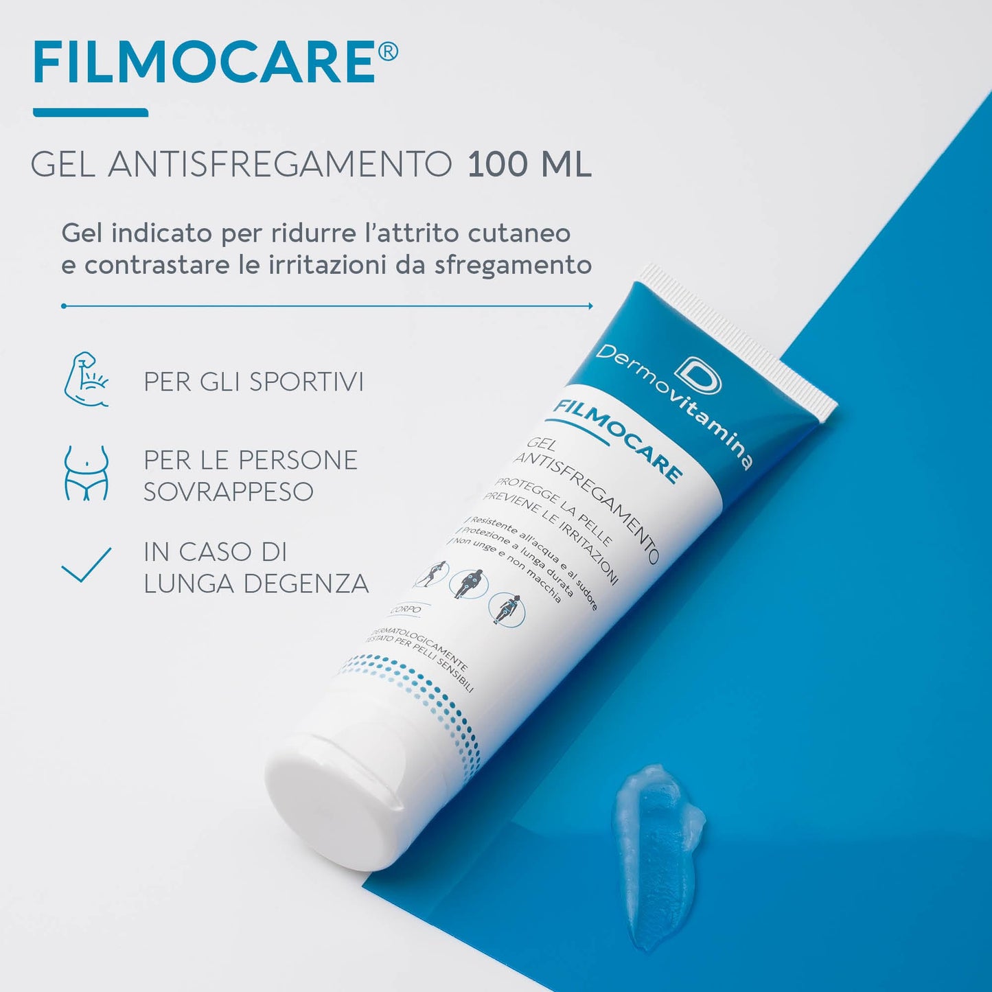 Dermovitamina Filmocare Antisfregamento 100 ml, Gel antisfregamento indicato per chi pratica sport, per i soggetti in sovrappeso e per le persone anziane o lungodegenti