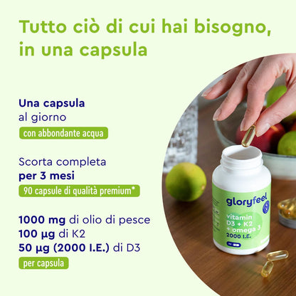 Vitamina D3 + K2 + Omega 3, 90 Capsule Softgel, 2000UI Vitamina D, 100 µg Vitamina K, 1000mg Olio di Pesce 400mg EPA e 300mg DHA, Vit D3 Colecalciferolo + Vit K2 MK7 99% (K2VITAL® di Kappa) + Fish Oil