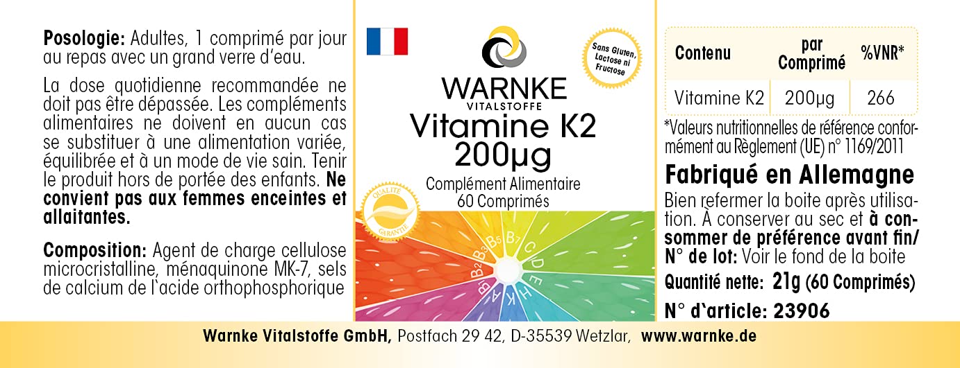 Vitamina k2 mk7 200 mcg - 60 compresse - Menachinone naturale MK-7 - vegano | Warnke Vitalstoffe - Qualità da farmacia tedesca