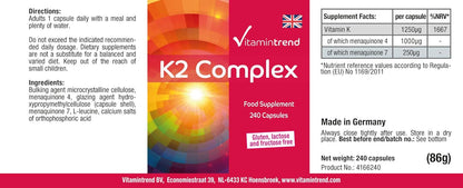 Vitamina k2 mk7 Complex 1250mcg - 240 Capsule - Vegan - Altamente dosato - MK-4 e MK-7 | Vitamintrend®