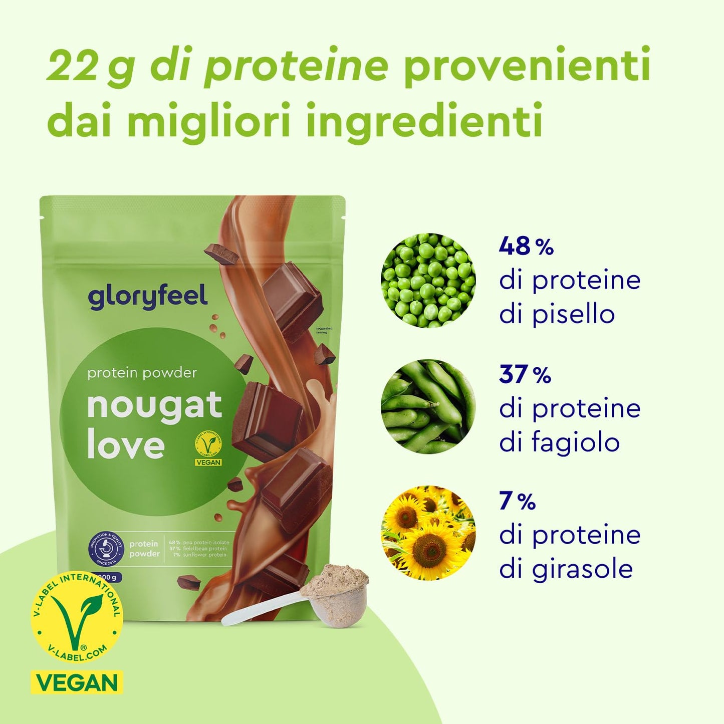 Proteine in Polvere Vegane 1 kg, 22 g Proteine, Gusto Vaniglia, Proteine Vegetali Isolate in Polvere di Pisello, Fagiolo e Girasole, Aumento e Crescita Muscolare*, senza Glutine, Zucchero e Lattosio