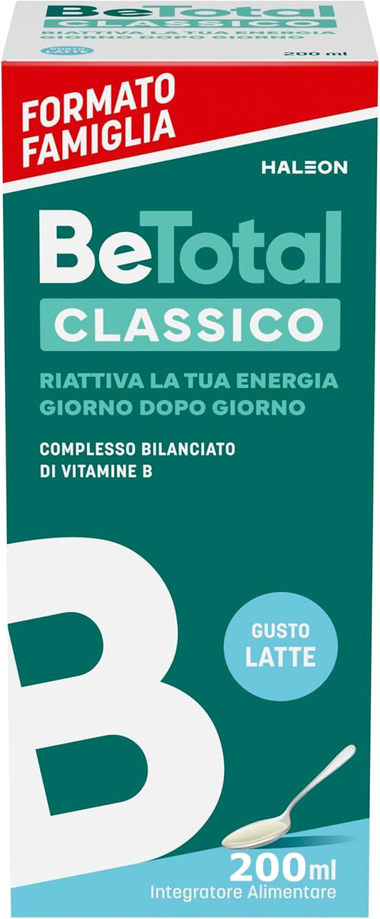 Be-Total Classico Integratore Alimentare di Vitamina B Riattiva l’Energia, Riduce la Stanchezza, Supporta il Sistema Immunitario, Bambini 3+ e Adulti, Gusto Latte, 200ml