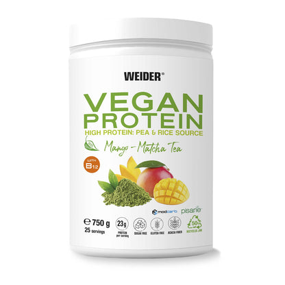 Weider Vegan Protein (750g) Gusto Cappuccino. Proteine Vegane 23g/dose isolate di piselli e riso, Con Vitamina B12 e Stevia, Senza Glutine, Senza Zucchero, Contenitore 50% Riciclato, 100% Riciclabile