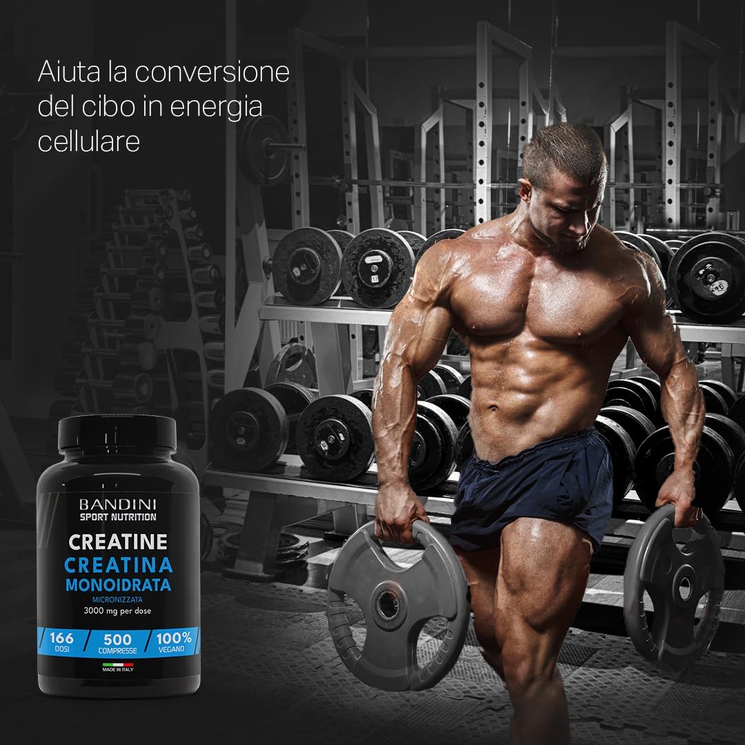 Bandini® Creatina Monoidrata Micronizzata 500 Compresse da 3000mg per dose - Integratore per Allenamento, Palestra e Pre Workout - 100% Vegan - A base di Creatine Monoidrato pura al 100%