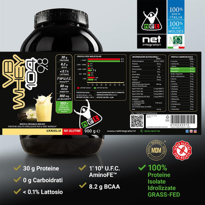 NET Integratori VB WHEY 104 9.8 Optipep - 900g Cioccolato - Proteine Isolate Idrolizzate per via Enzimatica Con EAA e BCAA - Massimizza Sintesi Proteica, Crescita e Mantenimento Muscolare