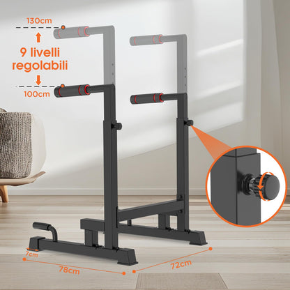 DH FitLife - Dip Parallele Calisthenics Robuste, Stabili e Versatili per Allenamento a Casa | Dip Station Regolabile in 2 Versioni: 3 o 9 Altezze, Ideale per Parallele Dip, Push Up e Sviluppo Forza