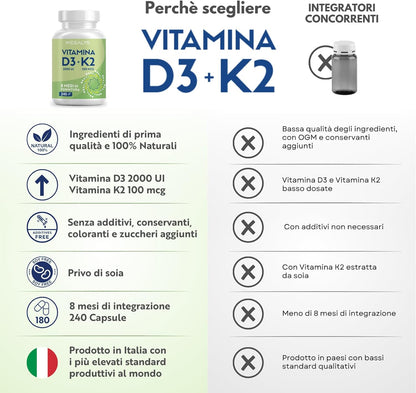 Vitamina D3 K2 240 Capsule (8 Mesi), Vitamin D3 2000 UI + 100 µg Vitamina K, Supporta Ossa, Articolazioni e Sistema Immunitario, Vit D3 Menachinone