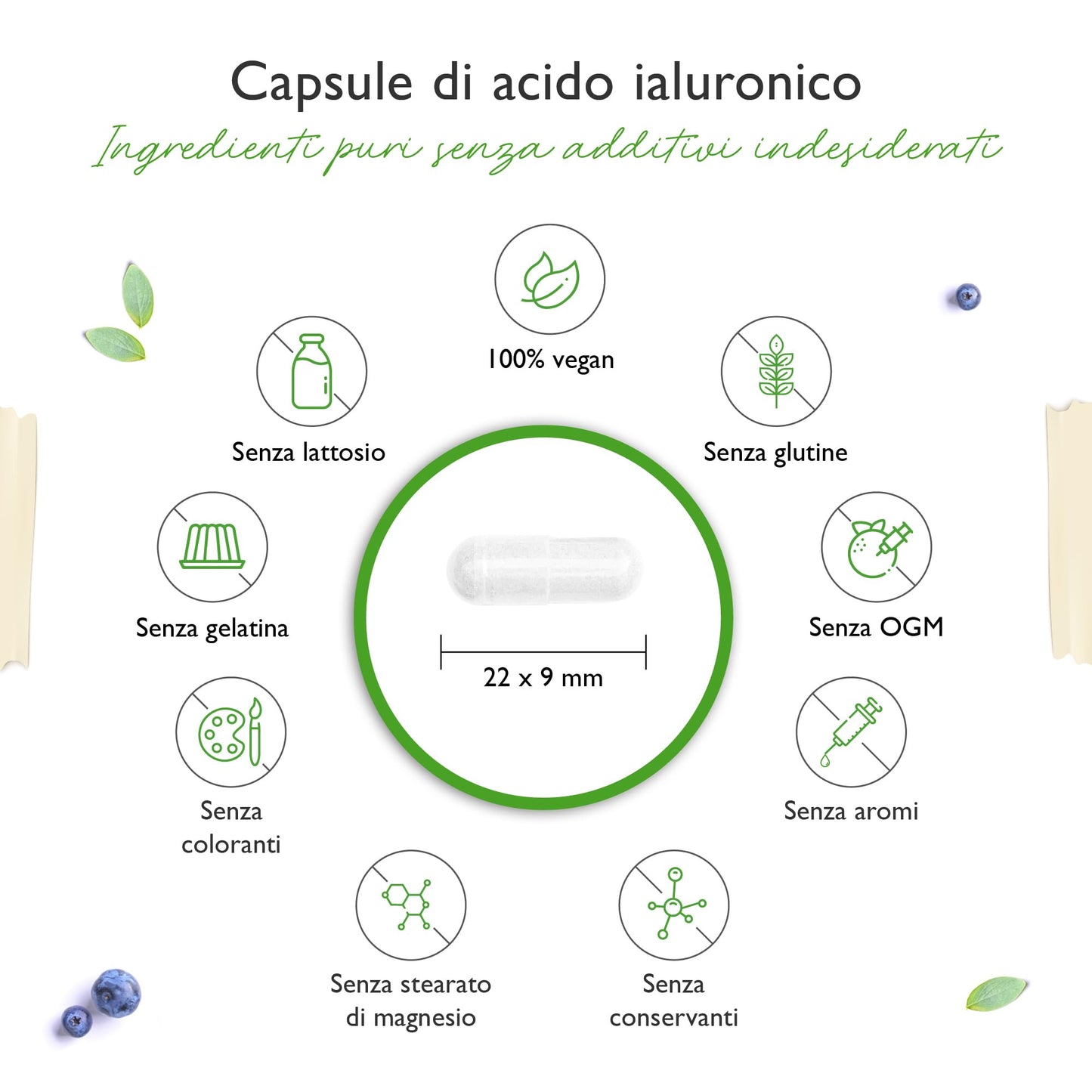 Acido ialuronico - 120 capsule altamente dosate con 500 mg - 500-700 kDa - Vegetale da fermentazione - Vegan