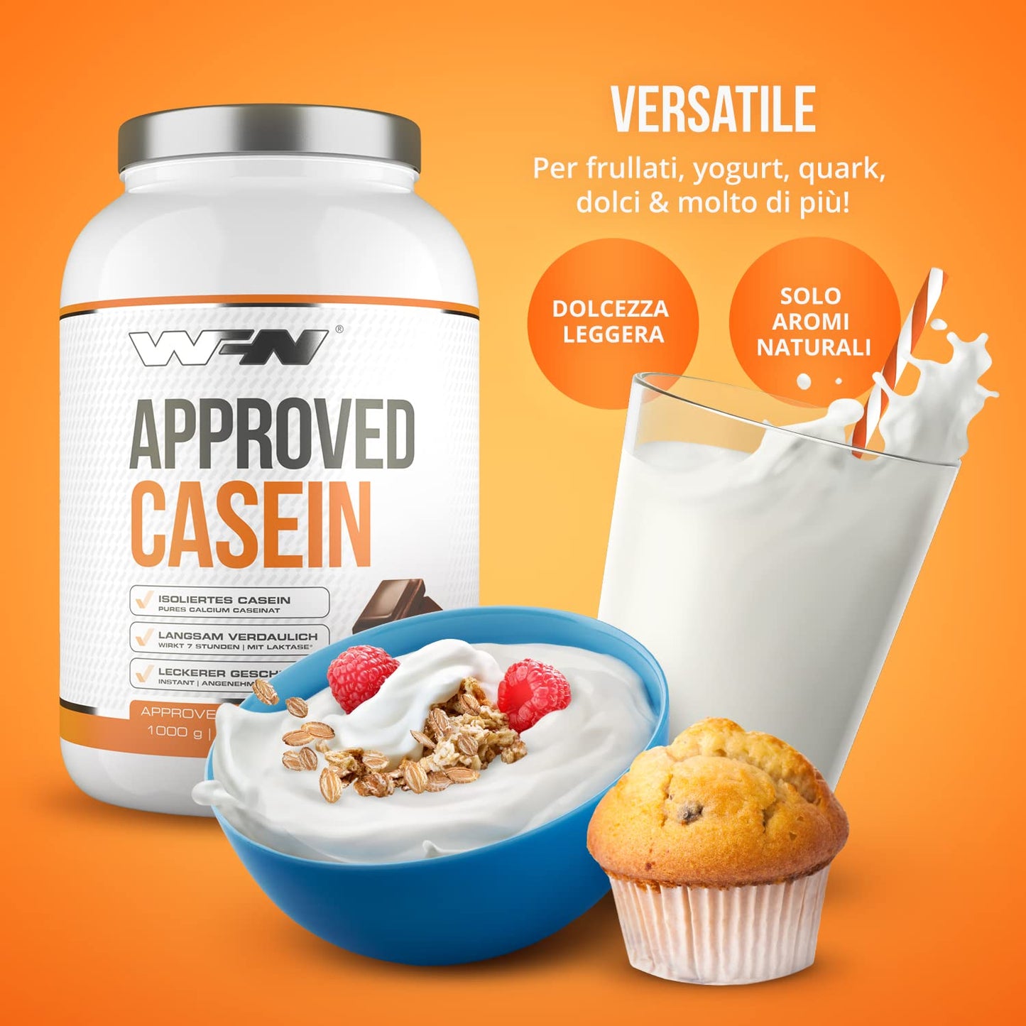 WFN Approved Casein - Neutro - 1 kg - Proteine della caseina con lattasi - Proteina in polvere cremosa - Molto solubile - Prodotto in Germania - Testato in laboratorio esterno