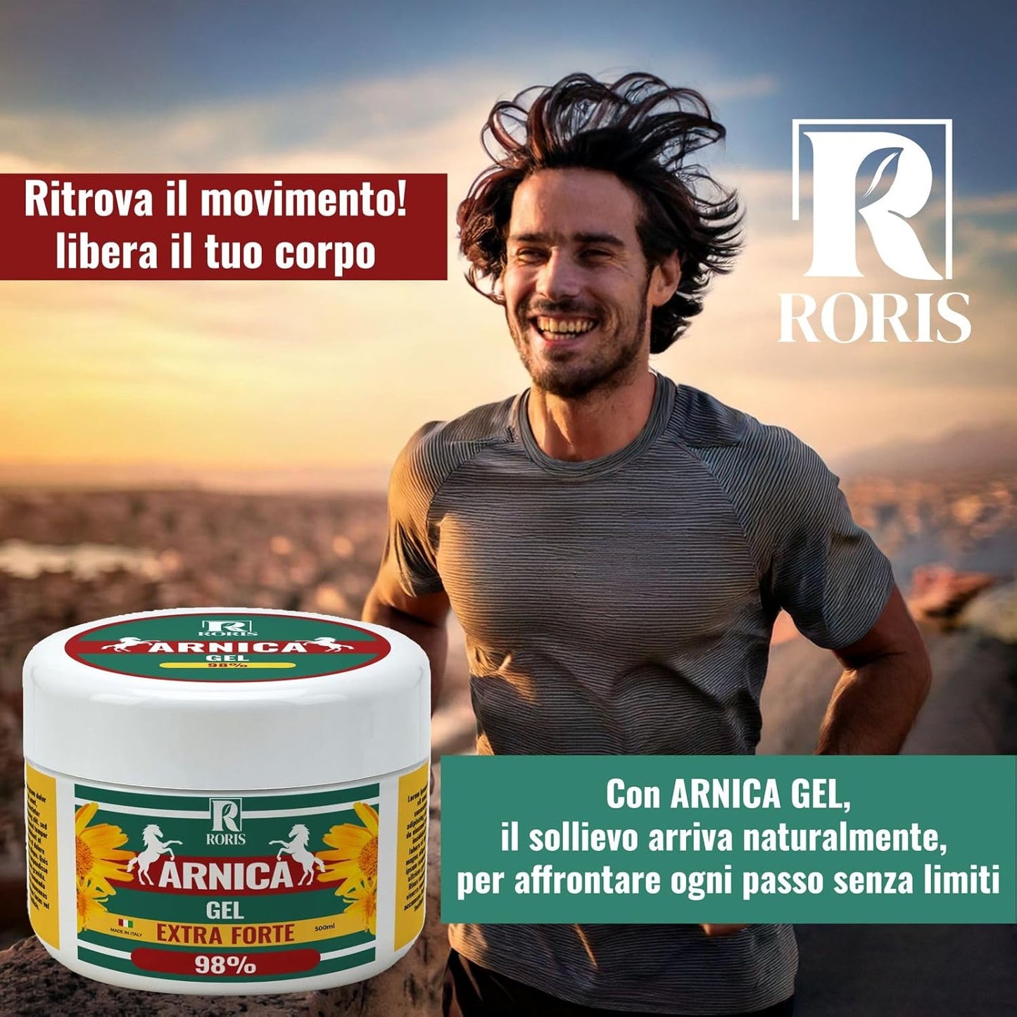 Roris Arnica per cavalli uso umano, gel extra forte 98%, 500ml made in italy, estratto di arnica,azione calmante e rilassante, assorbimento rapido, non unge