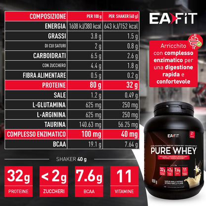 Proteine Whey Pure Whey EAFIT, 850g, Proteine in Polvere del Siero del Latte, Gusto Intense Vaniglia, Aminoacidi ed Enzimi Digestivi, Proteine Massa Muscolare, Assimilazione Rapida, Whey Protein