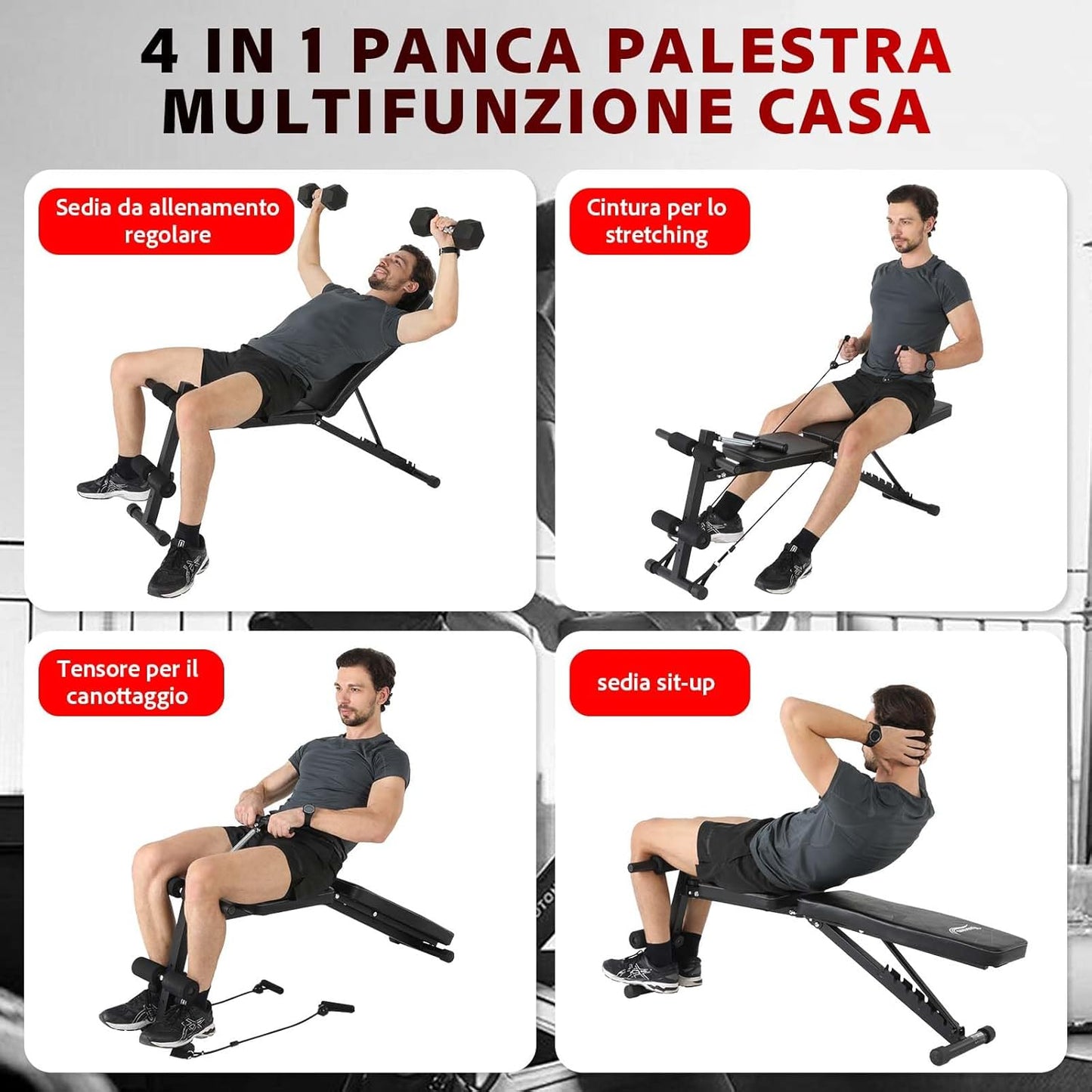 Novonova 4 in 1 Panca Palestra Pieghevole Regolabile, panca multifunzione palestra casa reclinabile, Panca Piana Palestra casa con bande di tensione, panca regolabile in casa, Max.150kg