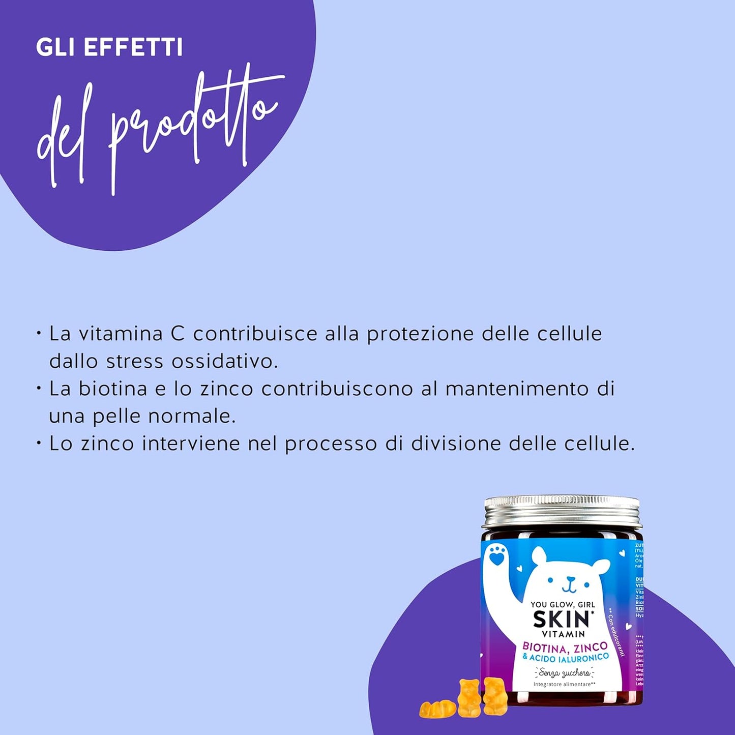 Bears with Benefits Orsetti gommosi Hyaluron - Pelle luminosa con 100 mg di acido ialuronico ad alto dosaggio, vitamina C, zinco, biotina - 60 pezzi - gommose vitaminiche senza zucchero